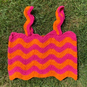 Electric Feel handmade crochet crop top in ripple zigzag stripes with corset fastening L - Pink and Orange