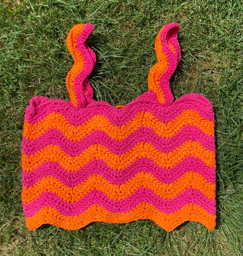 Electric Feel handmade crochet crop top in ripple zigzag stripes with corset fastening L - Pink and Orange