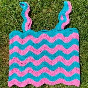 Electric Feel handmade crochet crop top in ripple zigzag stripes with corset fastening XL - Blue and Pink