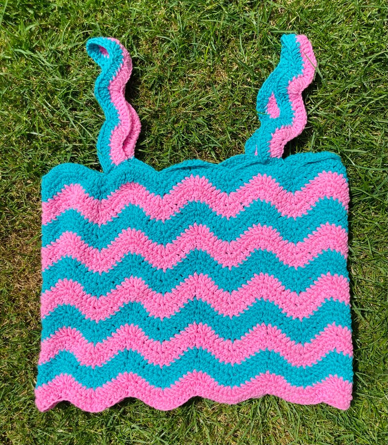 Electric Feel handmade crochet crop top in ripple zigzag stripes with corset fastening XL - Blue and Pink