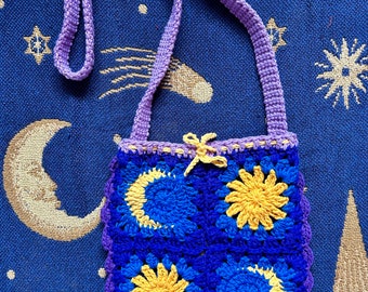 Celestial sun and moon crochet shoulder bag