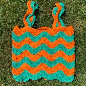 Electric Feel handmade crochet crop top in ripple zigzag stripes with corset fastening M - Orange and Green