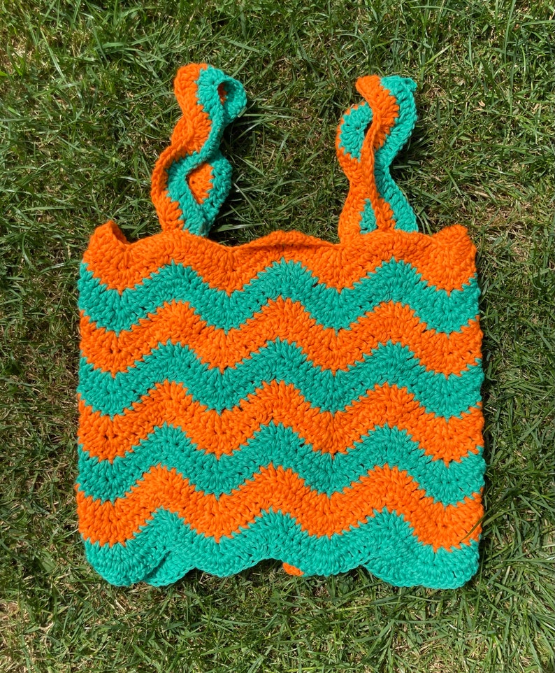 Electric Feel handmade crochet crop top in ripple zigzag stripes with corset fastening M - Orange and Green