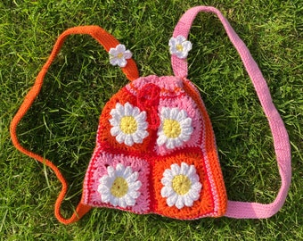 Daisy crochet mini backpack in orange, pink and red