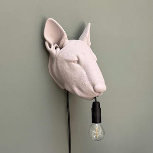 May include: A light-colored, dog-shaped wall lamp with a black cord and a lightbulb hanging from its mouth. The lamp is mounted on a light green wall. The dog's head is the focal point of the design.