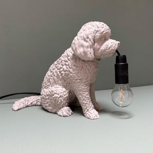 Può includere: Lampada a forma di cane rosa chiaro con superficie strutturata. Il cane tiene in bocca un portalampada nero con una lampadina trasparente. La lampada ha un cavo nero ed è appoggiata su una superficie azzurra.