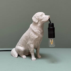 Può includere: Lampada a forma di cane bianco, con portalampada nero e lampadina trasparente. Il cane è seduto e tiene il portalampada in bocca. La lampada è su una superficie azzurra.
