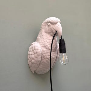 Può includere: Lampada da parete bianca a forma di pappagallo con cavo nero e lampadina. Il becco dell'uccello tiene il cavo e la lampada è montata su una parete verde chiaro. La lampada è un apparecchio di illuminazione decorativo.