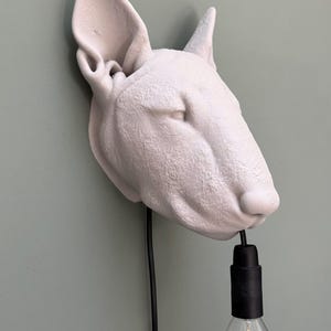 May include: A white Bull Terrier head sculpture with a black cord and lightbulb hanging from its mouth. The sculpture is mounted on a light green wall. The lightbulb is clear with a yellow filament.