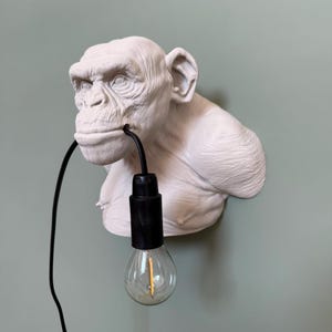 Puede incluir: Lámpara de pared con forma de cabeza de chimpancé blanca con cable y bombilla negros. La lámpara está montada en una pared verde claro. El chimpancé tiene rasgos faciales detallados y mira hacia adelante.
