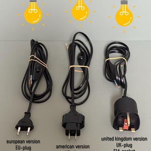 May include: Three black electrical cords with different plug types: European, American, and UK versions. Each cord is labeled with its plug type and socket size, including E14 and E12 sockets. Yellow lightbulb icons are above each cord.