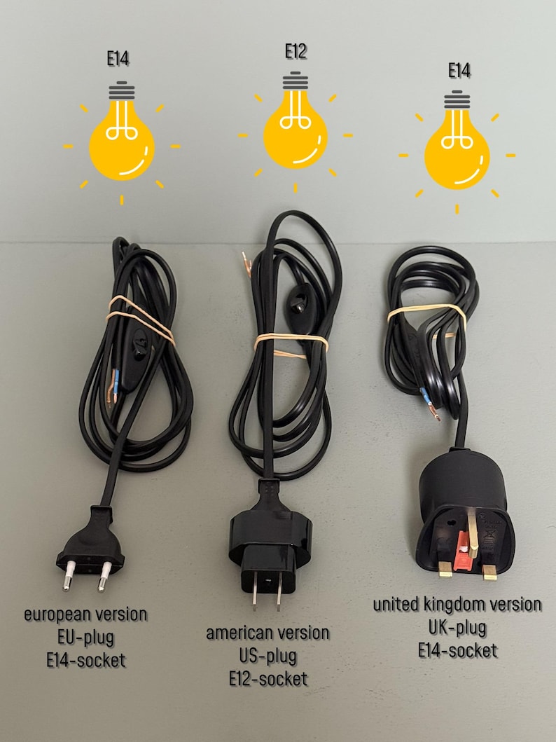 May include: Three black electrical cords with different plug types: European, American, and UK versions. Each cord is labeled with its plug type and socket size, including E14 and E12 sockets. Yellow lightbulb icons are above each cord.