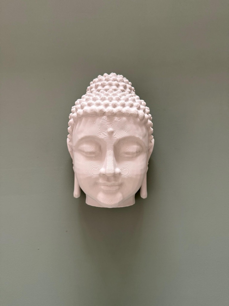 May include: A white Buddha head sculpture with closed eyes and a serene expression. The head features detailed textures on the hair and face, and is mounted on a muted green background. The sculpture is a representation of peace and meditation.