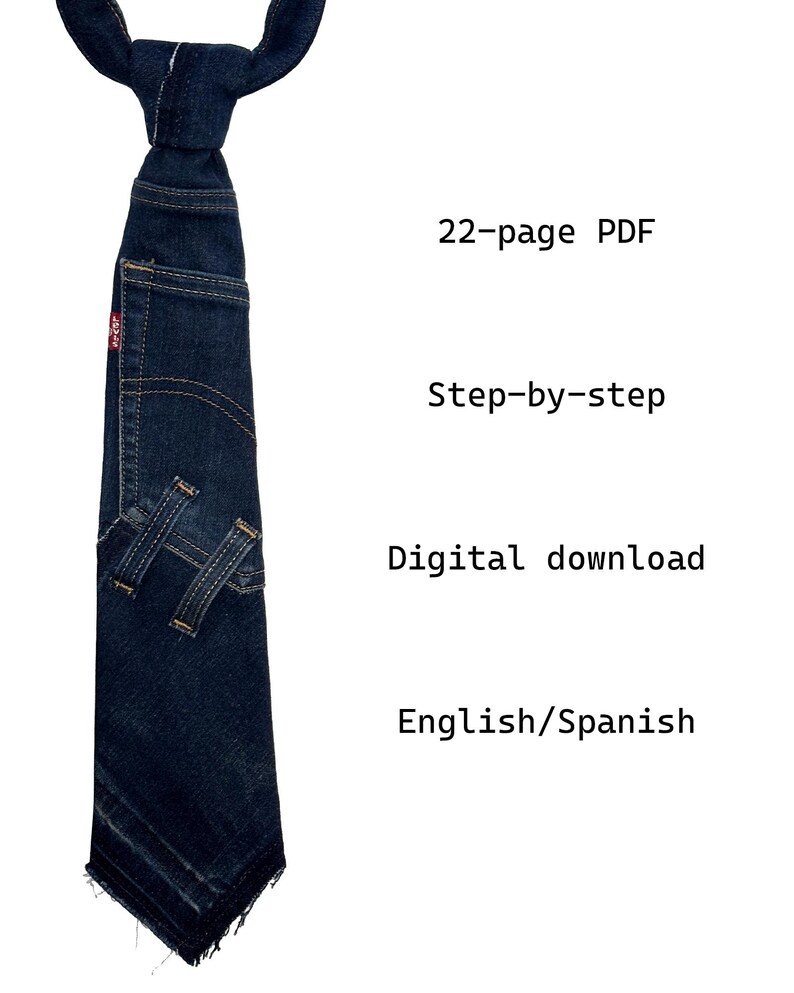 K&ouml;nnte beinhalten: Eine dunkelblaue Jeans-Krawatte mit Tasche und Ziern&auml;hten. Die Krawatte hat ein einzigartiges Design und enth&auml;lt den Text "22-page PDF", "Step-by-step" und "Digital download".
