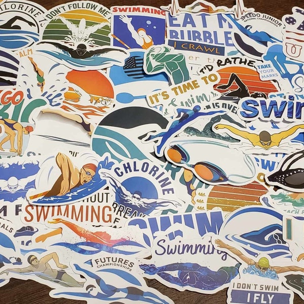 51 Swimming Stickers | Vinyl Swimming Decals | Swimming Sticker Pack | Swim Party Favors | Assorted Swimming Stickers | Swimming Gifts