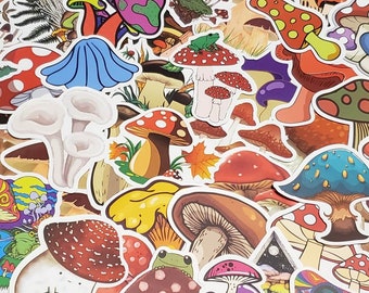 52 Mushroom Stickers | Vinyl Mushroom Decals | Fungi Stickers | Mushroom Sticker Pack | Colorful Mushroom Stickers