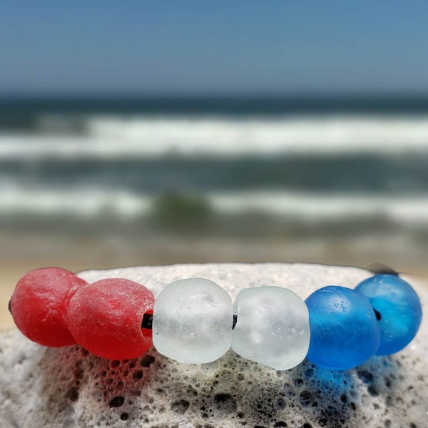 Red White Blue Sea Glass Bracelet | Patriotic Bracelet | African Recycled Sea Glass | Adjustable Paracord Bracelet | Recycled Glass Bracelet