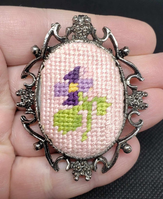 Vintage Needlepoint Brooch | Embroidered Flower P… - image 3