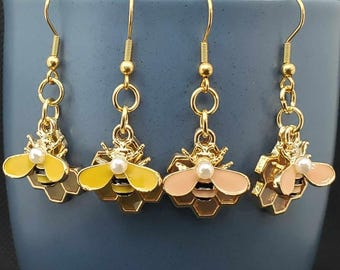 Honeycomb & Bee Earrings | Insect Earrings | Faux Pearl Bee Earrings | Stainless Steel Hooks | Beekeeper Earrings | Bee Jewelry Gift For Her