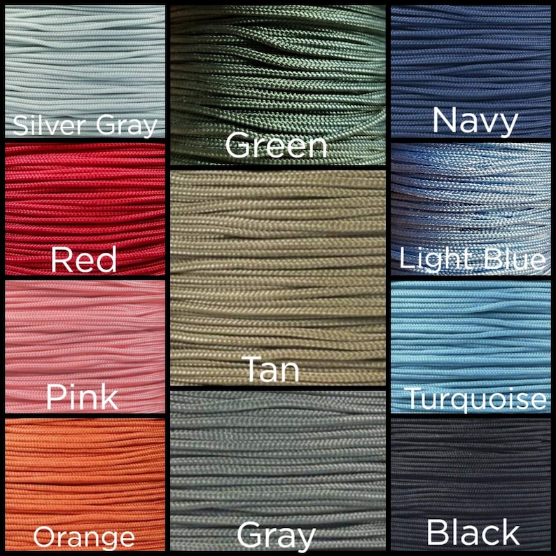 May include: A collection of 10 spools of paracord in various colors, including silver gray, green, navy, red, tan, pink, turquoise, orange, gray, and black.