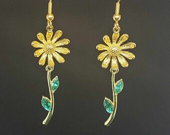 Daisy Flower Stem Dangle Earrings | Stainless Steel Hooks | Daisy Flower Jewelry Gifts For Her | Floral Spring Garden Daisy Earrings