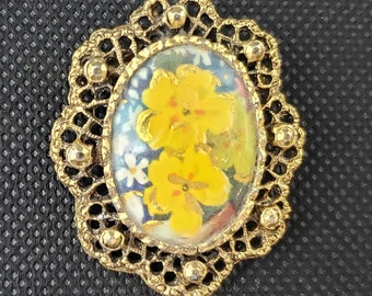 Vintage Yellow Flower Pin Brooch | Cameo Style Brooch | Vintage Floral Pin | Yellow Flower Pin | Vintage Flower Jewelry | Flower Gifts
