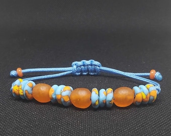 Orange Blue Yellow Glass Bracelet | African Recycled Sea Glass | Adjustable Paracord Bracelet | Recycled Glass Bracelet | Beaded Bracelet