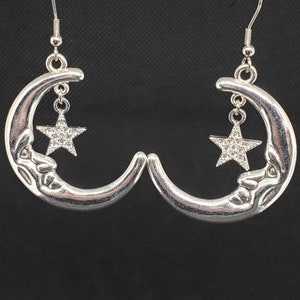 Large Crescent Moon and Star Celestial Space Theme Earrings | Stainless Steel Hooks | Moon Face Earrings | Rhinestone Moon Earrings