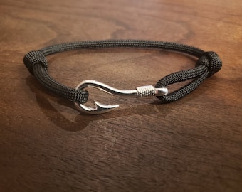 Antique Silver Fish Hook Bracelet Adjustable Paracord Bracelet
