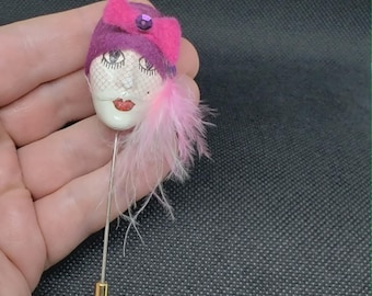 Vintage Flapper Girl Hat Stick Pin | French Flappers Stick Pin | Purple and Pink Hat Flapper Pin | Cloche Hat Flapper Pin | Read Description