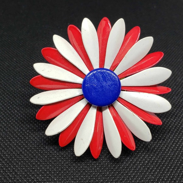 Metal Flower Pin | Vintage Flower Brooch | Vintage Red White and Blue Flower Pin | Nostalgic Flower Pins | Vintage Patriotic Flower Pin