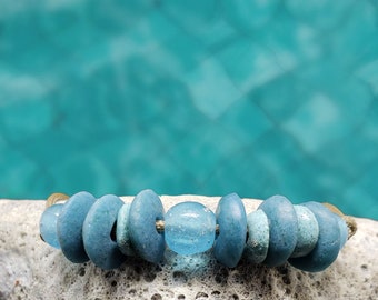 Teal Blue Sea Glass Bracelet | African Recycled Glass W Rustic Glass Beads | Ancient Style Glass | Glass & Paracord | Adjustable Bracelet