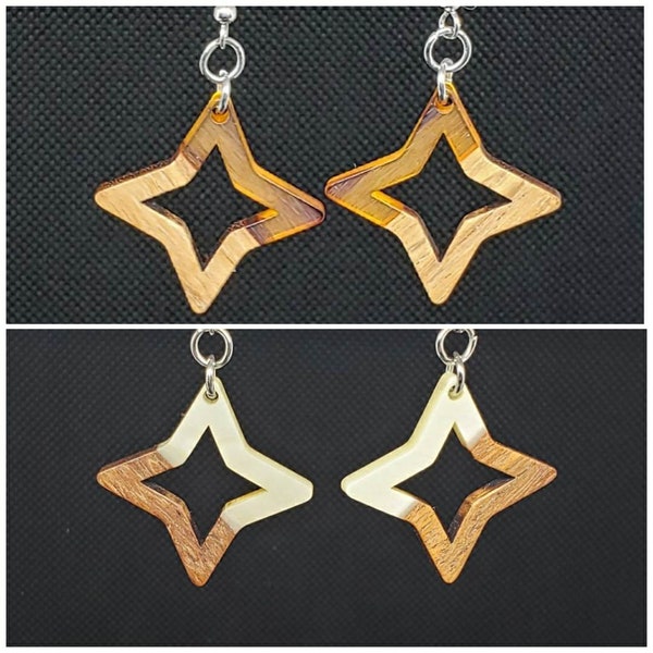 Star Earrings | Hypoallergenic Earring Hooks | 2 Different Star Earrings | Wooden & Resin Star Earrings | Star Dangle Earring | Wood Jewelry