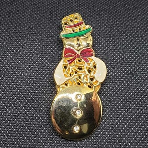 Vintage Gold Tone Snowman Christmas Brooch Pin | Snowman with Rhinestone Buttons | Vintage Christmas Snowman Jewelry Stocking Stuffer