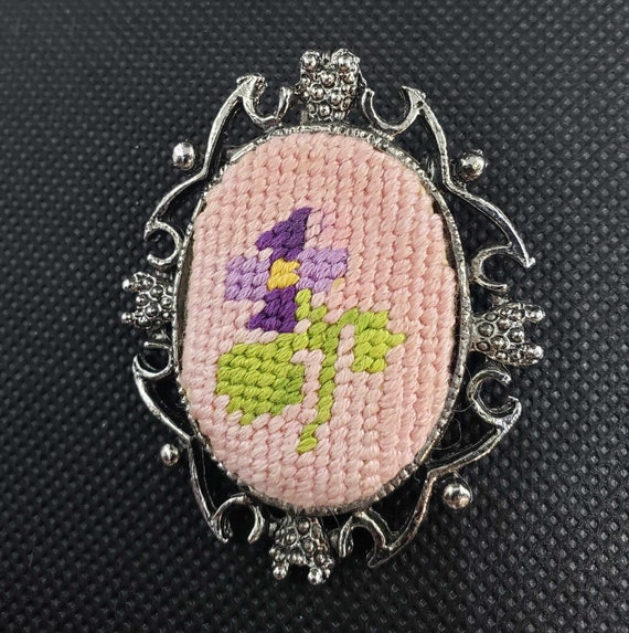 Vintage Needlepoint Brooch | Embroidered Flower P… - image 1