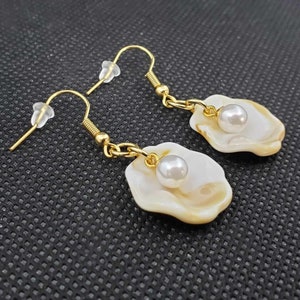 Pearl and Oyster Clam Shell Earrings | Stainless Steel Hooks | Faux Oyster Clam Earrings | Imitation Pearl Earrings | Gifts for Her