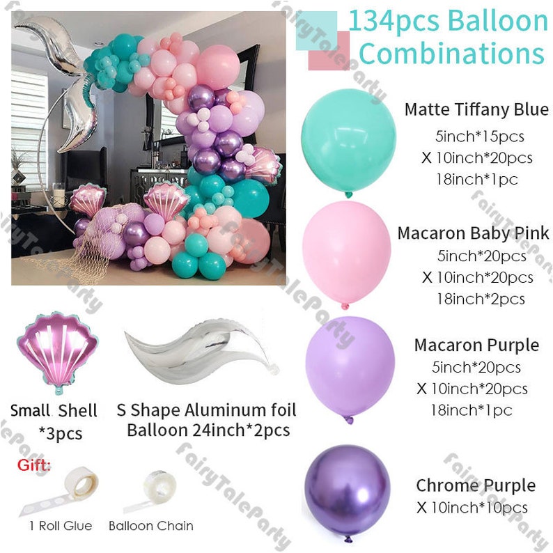 Pastel Little Mermaid Balloon Arch Kit Maca Purple Pink Shell Balloon Garland Birthday Party Princess Baby Shower Decor Supplies 84/134pcs 134pcs(11 FT)