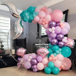 Kit arco di palloncini a forma di sirena pastello, ghirlanda di palloncini a forma di conchiglia viola e rosa, per feste di compleanno, principesse, baby shower, decorazioni, 84/134 pezzi
