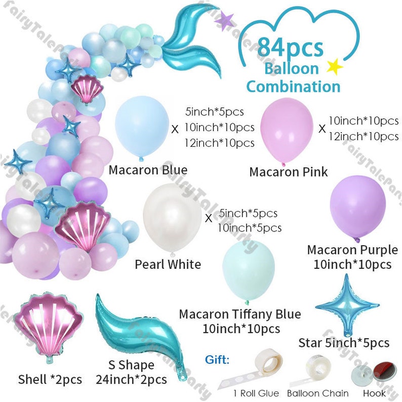 Pastel Little Mermaid Balloon Arch Kit Maca Purple Pink Shell Balloon Garland Birthday Party Princess Baby Shower Decor Supplies 84/134pcs 84pcs(7 FT)