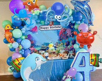 128pcs Ocean Party Balloon Garland Kit Marine Animals Foil Balloon Decorations Kids Baby Shower Balloon Arch Birthday Gender Reveal Supplies