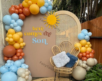 123pcs Here Comes The Son Balloons Garland Arch Set Blue Orange Yellow Beige Ballon Gender Reveal Baby Shower Birthday Party Decor Supplies