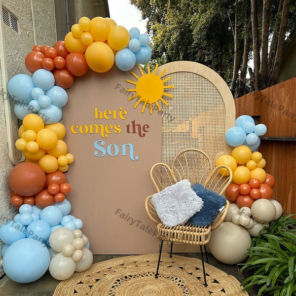 123 pcs Here Comes The Son Ballons Guirlande Arch Set Bleu Orange Jaune Beige Ballon Sexe Révéler Baby Shower Fête D'anniversaire Décoration Fournitures