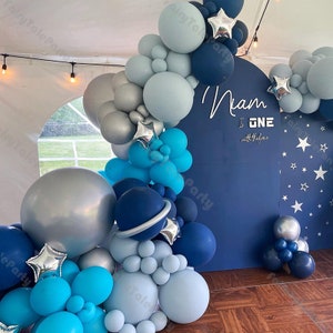 7-18ft GALAXY Space Balloon Garland Astronaut Rocket Themed Balloon Arch Navy/Aqua/Sky Blue Chrome Silver Baby Shower Planets Birthday Party