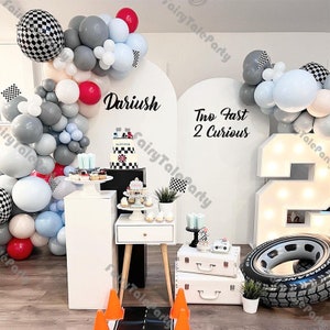 111pcs Racing Theme Balloon Garland Birthday Party Decor Kids Two Fast Flag Background Blue Grey White Globos Checked Decorations Supplies