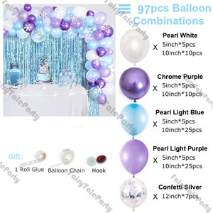 Kit de arco de guirnalda de globos con copos de nieve de color azul y morado, globos de látex con confeti para niños, suministros de decoración para fiestas temáticas de Frozen, 97/110 piezas 97pcs balloon