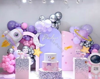 131pcs Purple Pink Galaxy Themed Party Balloons Garland Kit Outer Space Balloon Arch Baptism Kids Baby Shower 1st 2nd Birthday Decorations