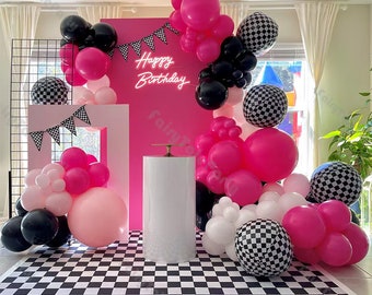 127pc Matte Hot Pink Black Checkered Balloons Garland Arch Set Race Car Baby Shower Girl 1st 2nd Birthday Party Baptism Decoration Supplies