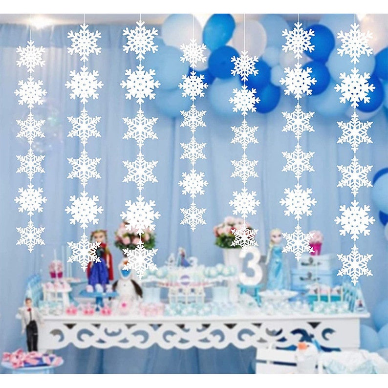 Kit de arco de guirnalda de globos con copos de nieve de color azul y morado, globos de látex con confeti para niños, suministros de decoración para fiestas temáticas de Frozen, 97/110 piezas imagen 7