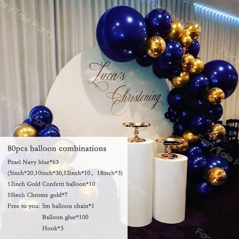80/88pcs Chrome Gold Confetti Pearl Navy Blue Balloons Garland