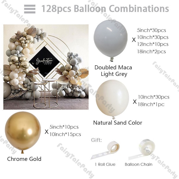 Arche Ballon Argent Blanc et Or Kit, 128 Pièces Ballons Or